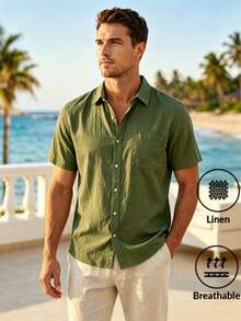 Hawaiian Style Linen Loose Casual Men's Henley Collar Lapel Pocket Solid Color Short Sleeve Shirt Cardigan - Army Green - View 1