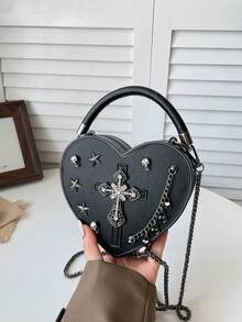 Women's Halloween Gothic Heart Mini Crossbody Bag, Y2K Punk Cross Skull Chain Handbag, Alt Style Party Evening Shoulder Bag - Black - View 11