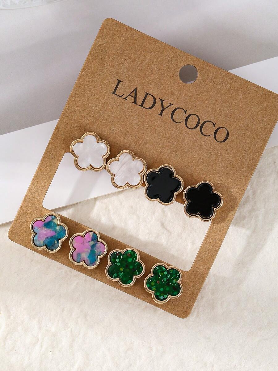 LADYCOCO 4對時尚奢華幸運草女款耳環套組，適合日常百搭耳釘