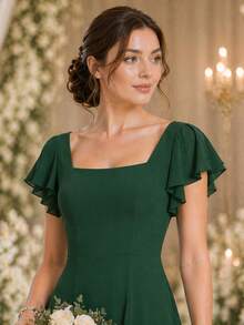 Volly Toych Dark Green Elegant Chiffon Long Bridesmaid Dress, Square Neckline, Ruffle Short Sleeves, High Slit Design, Perfect For Formal Occasions And Weddings - Dark Green - View 3