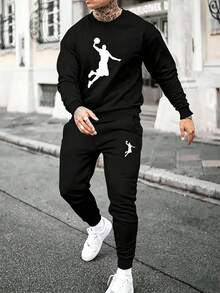 250g Heavyweight Fabric Men's Basketball Pattern Crewneck Sweatshirt And Pants Two Pieces Set, Simple Casual Autumn And Winter Sportswear Black - Black - View 10
