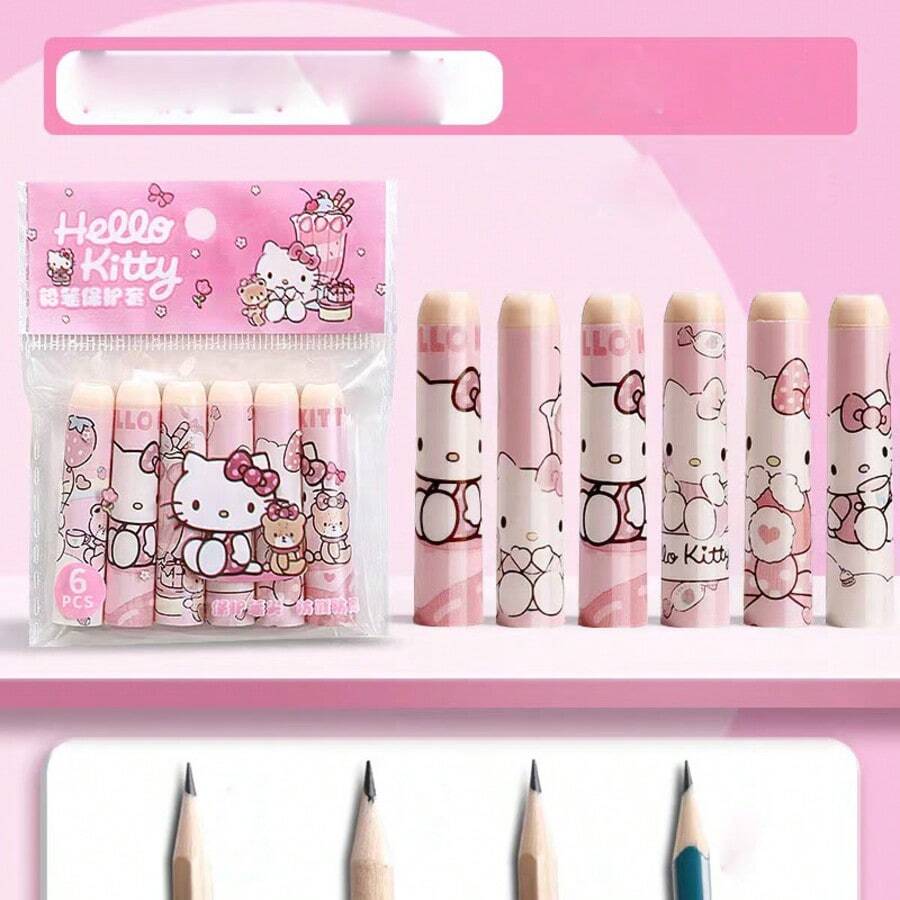 SANRIO 6入組卡通鉛筆保護套,通用六角形/三角形/圓形/方形鉛筆延長帽,可愛動漫印花鉛筆握把套,小學寫作文具防斷筆尖套筒 - 均碼 - 查看 1