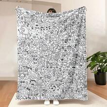 1 pieza Manta de tiro con estampado de estilo grafiti en blanco y negro de un solo lado, con elementos lindos y juguetones como corazones, animales, pasteles, disponible en múltiples tamaños, manta decorativa cómoda para cama, adecuada para dormitorio y sala de estar, perfecta para decoración de sofá - Multicolor - Ver 2