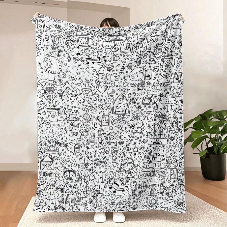 1 pieza Manta de tiro con estampado de estilo grafiti en blanco y negro de un solo lado, con elementos lindos y juguetones como corazones, animales, pasteles, disponible en múltiples tamaños, manta decorativa cómoda para cama, adecuada para dormitorio y sala de estar, perfecta para decoración de sofá