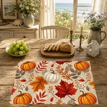 1pc/4pcs/6pcs Pumpkin Pattern Printed Linen Placemats, Rectangular Table Mats, Washable, Easy To Clean, Plate Mats, Bowl Mats, Western Style Dining Mats, Suitable For Kitchen, Dining Room, Home Gatherings, Coffee Table And Daily Table Decor - Multicolor - View 4