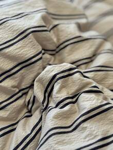 Minimalist Beige & Black Striped 4-Piece Bedding Set, Soft Wrinkled Texture Polyester, Neutral, Includes 1 Duvet Cover, 1 Bed Sheet, 2 Pillowcases, Duvet Insert And Pillow Inserts Not Included - Apricot - View 12