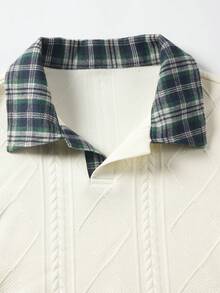 Blueprint Man 1pc Men's Polo Shirt, Apricot 3D Cable Knit Body, Plaid Patchwork Collar, V-Neck Placket, Comfortable Skin-Friendly Soft Anti-Pilling Knit Fabric, Old Money Vintage Casual Style, Spring/Autumn Commute, Shopping, Travel - Apricot - View 9