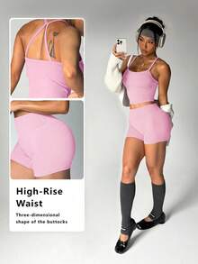 FWH Fresh Quiet Minimalist Fitness Style College Fresh Sports Style, Women's Sports Tank Top And Shorts 2 Pieces Set Summer - 淺粉色 - 查看 2