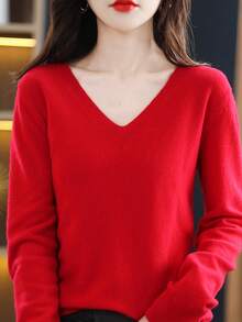 Women's Solid Color V-Neck Knitted Bottoming Shirt Autumn And Winter New Set Of Thin Sweater Thin Section Of The Fashion Inner Tie - 紅色 - 查看 1