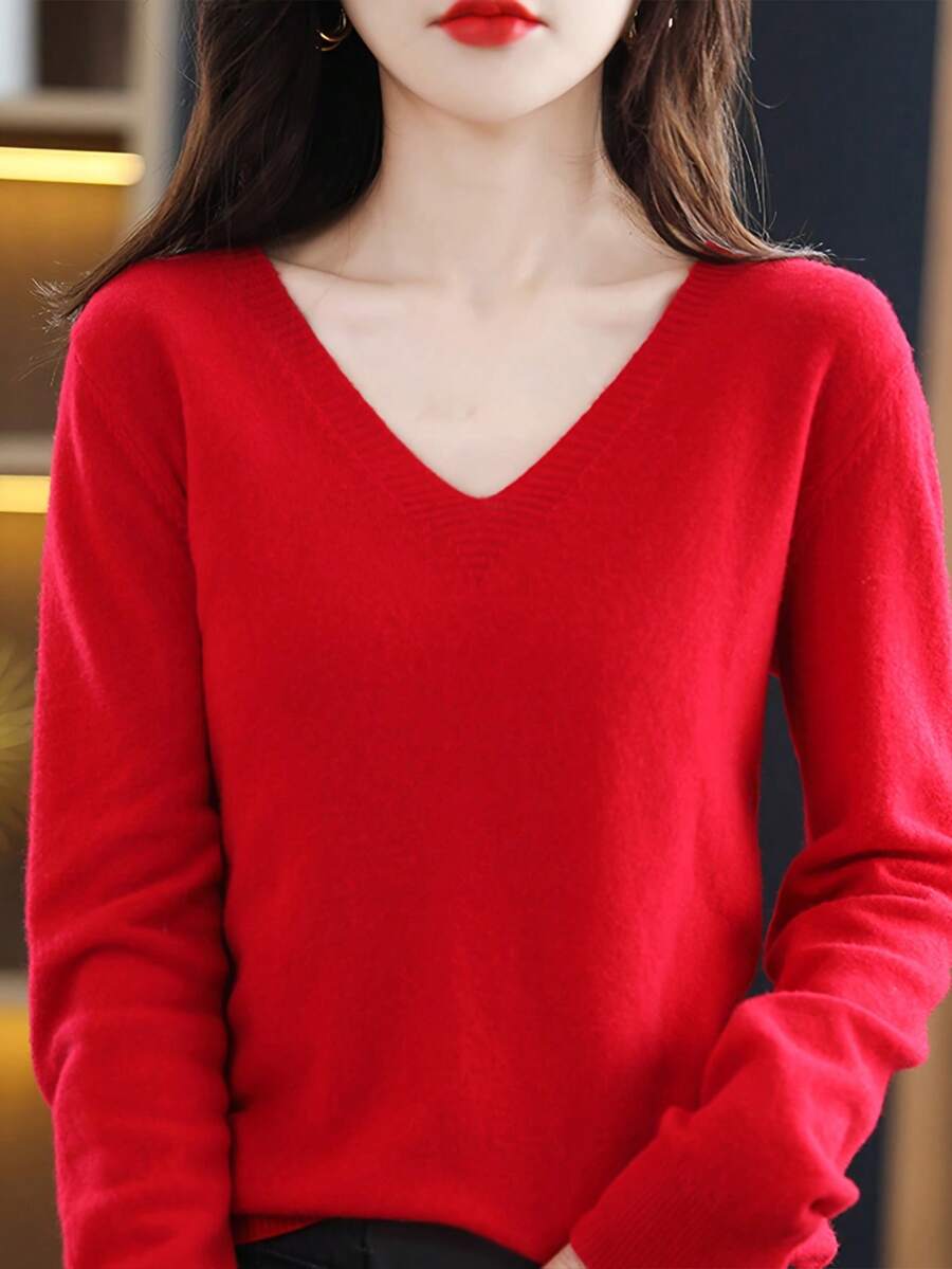 Women's Solid Color V-Neck Knitted Bottoming Shirt Autumn And Winter New Set Of Thin Sweater Thin Section Of The Fashion Inner Tie - 紅色 - 查看 1