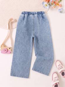 Celana Jeans Denim Lurus Kasual Lucu untuk Anak Perempuan, Cocok untuk Semua Musim, dengan Bordir Hati dan Huruf, Saku Palsu, dan Potongan Lurus. - Biru - View 2