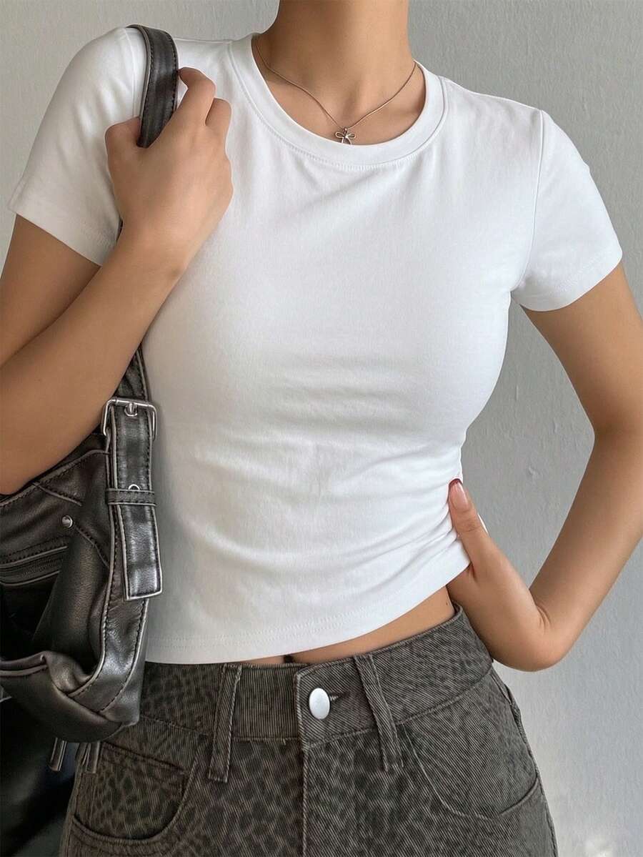 2件組女款圓領短袖T恤,夏季新款時尚純色休閒百搭寬鬆上衣 - 彩色 - 查看 1