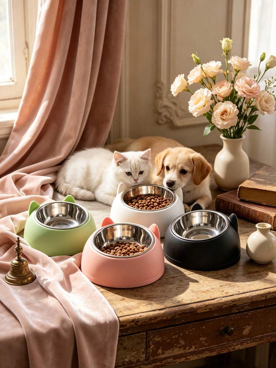 1 buah Mangkuk Kucing Stainless Steel PETSIN (100ml) dengan Bingkai Telinga Lucu - Mangkuk Makan dan Dispenser Air 2-in-1 yang Miring, Melindungi Leher, Cocok untuk Pemilik Hewan Peliharaan dan Pecinta Hewan Peliharaan, Cocok untuk Kucing, Anjing, dan Hewan Peliharaan Kecil, Hadiah Praktis