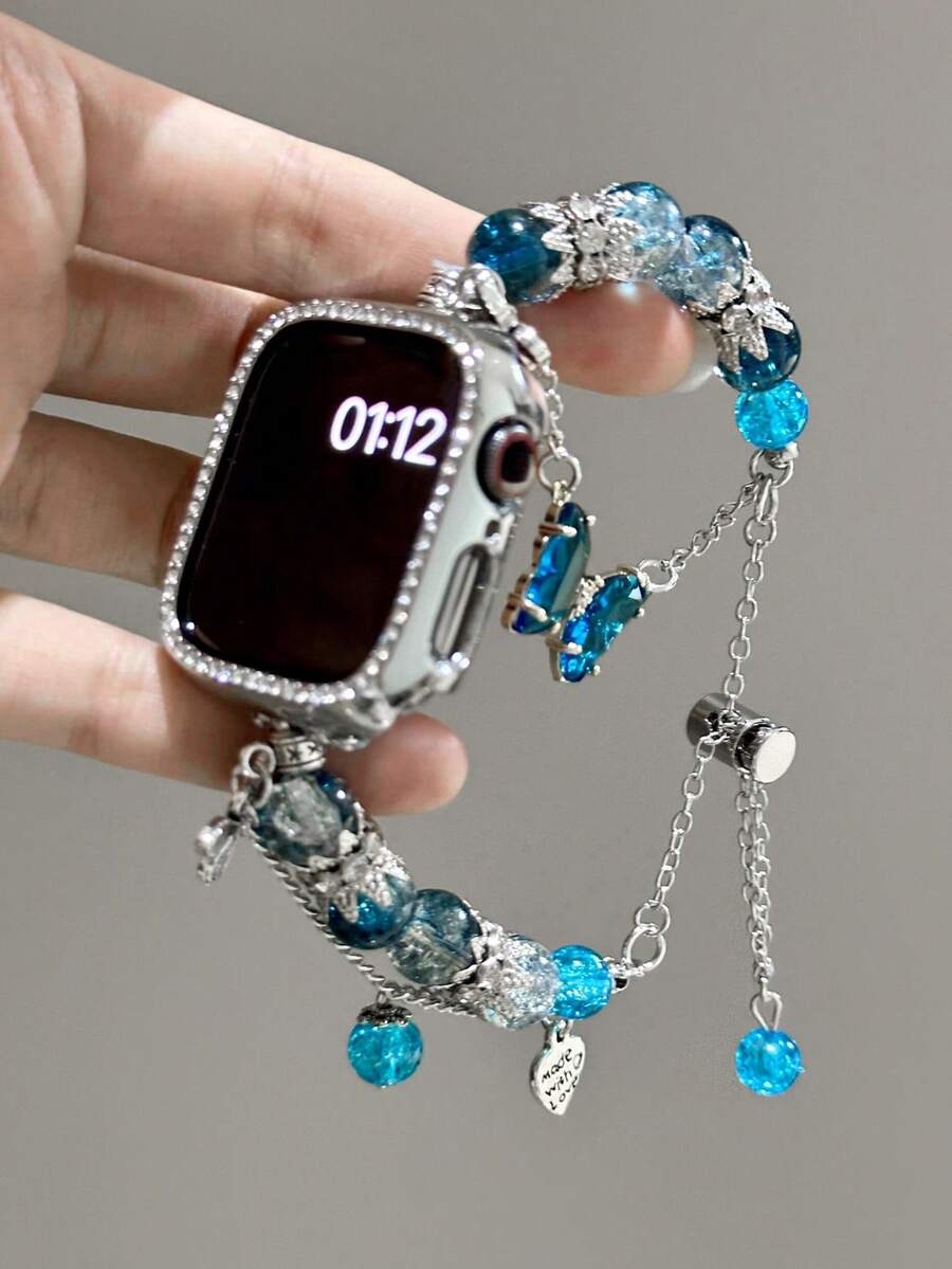 1pc Women's Blue Metal Exquisite Niche Butterfly Pendant Beaded Sparkling Rhinestone Watch Band Compatible With 38/40/41/44/45/49/42/46mm S11/SE3/Ultra3/Ultra/SE/SE2/10/9/8/7/6/5/4/3/2/1 - Blue Silver Chain - View 1