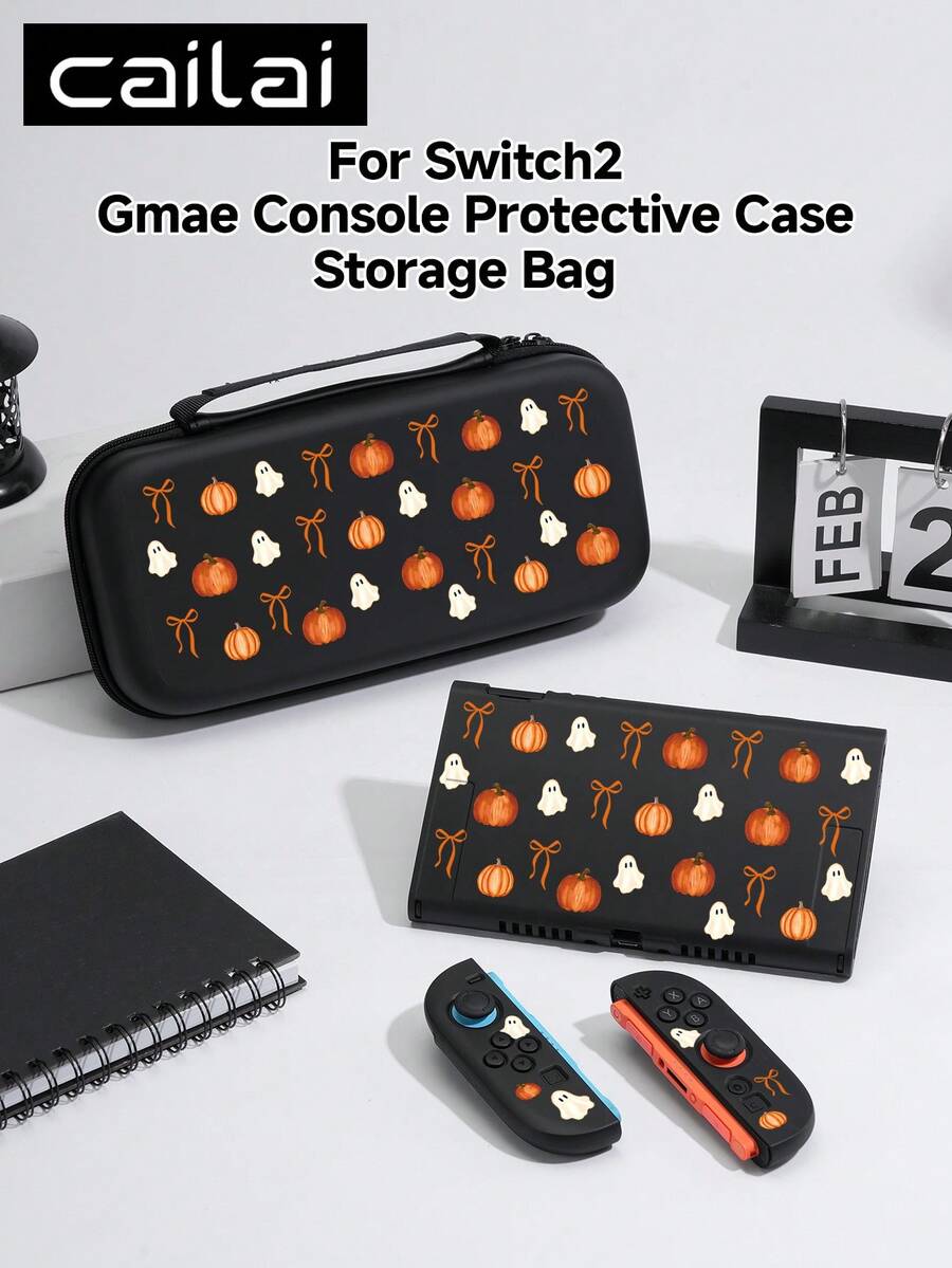 Cailai Halloween Pumpkin Ghost Illustration Pattern Switch 2 (2025)/Switch NS/Switch OLED Game Console Accessory Set, Game Console Protective Case/Storage Bag, TPU Soft Shell/Hard Shell Removable Stand, Beautiful & Practical, Portable Stand, Travel Friendly, Anti-Drop, Anti-Scratch, Anti-Stain, Fashionable Romantic Gift - View 1