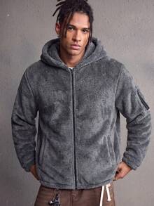 MAISONFOX Men's Solid Color Minimalist Reversible Fleece Hooded Casual Zip-Up Jacket, Autumn/Winter Double-Sided Lamb Fleece Lining Warm Coat - 深灰色 - 查看 1