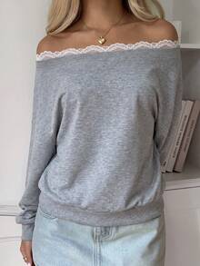 SCARLUX Fall Winter Y2K Women Basic Grey Off Shoulder Long Sleeve Top, Lace Trim Boat Neck Loose Pullover For Homecoming Daily Outfits - Gray - View 10