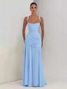 SYchuan Elegant Women's Long Ball Gown Dress, Sleeveless Spaghetti Strap Design, Open Back, Ruched Waist, Knitted Fabric Party, A-Line Summer - Light Wash - View 1