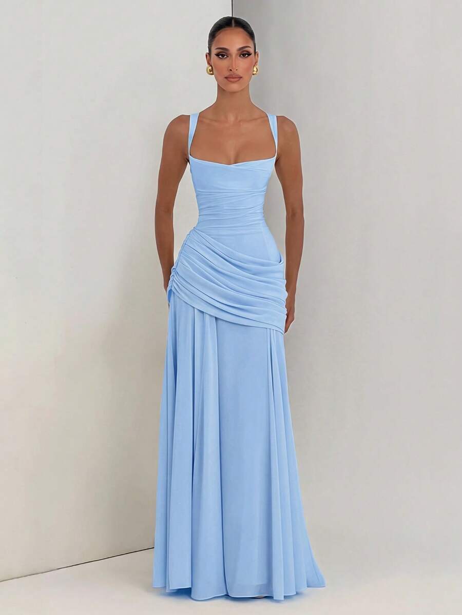 SYchuan Elegant Women's Long Ball Gown Dress, Sleeveless Spaghetti Strap Design, Open Back, Ruched Waist, Knitted Fabric Party, A-Line Summer - Light Wash - View 1