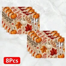 1pc/4pcs/6pcs Pumpkin Pattern Printed Linen Placemats, Rectangular Table Mats, Washable, Easy To Clean, Plate Mats, Bowl Mats, Western Style Dining Mats, Suitable For Kitchen, Dining Room, Home Gatherings, Coffee Table And Daily Table Decor - Multicolor - View 14
