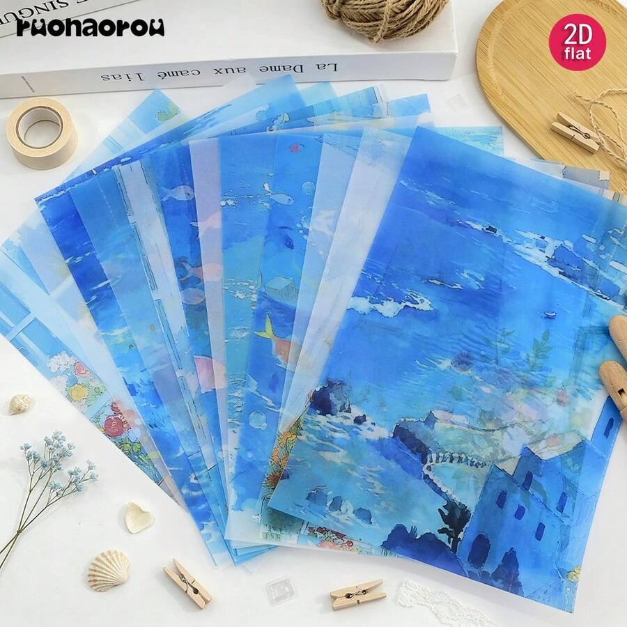 Ruonaorou 12pcs/Set Semi-Transparent Premium Santorini Island Travel Vellum Paper Junk Journal Vintage Paper Santorini Island Travel Manuscript Vellum Paper Planner Vellum Paper Decoration DIY Junk Journal Diary Material Paper Envelopes Greeting Cards Vellum Paper Decoration (2D Flat) A5 - Black - View 1