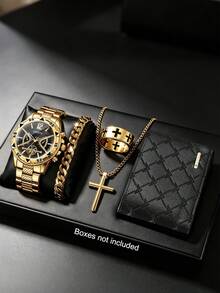 5pcs Gold Hip Hop New Men's Watch & Jewelry Set, Cross, Embossed Wallet, Suitable For Daily Wear, Holiday Gift, For Father - Gold - View 2