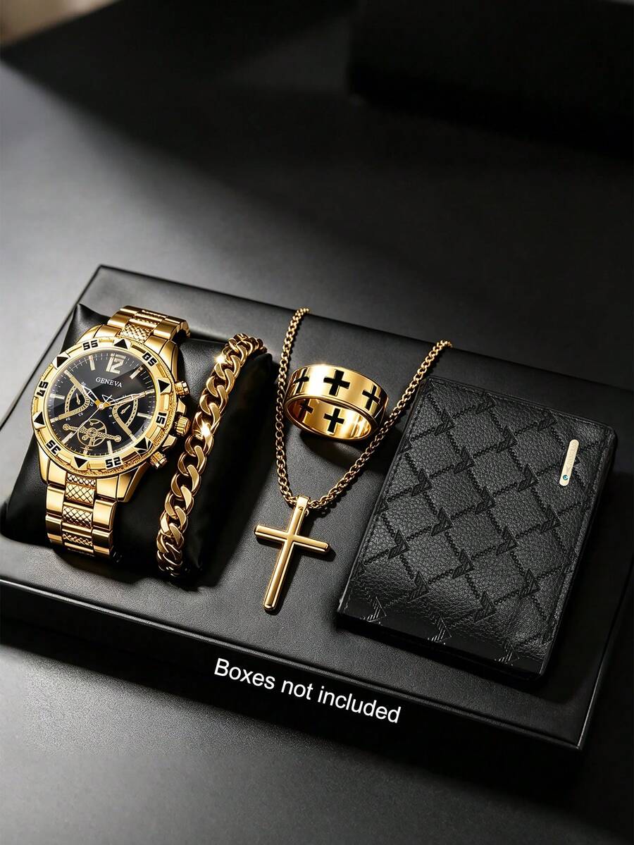 5pcs Gold Hip Hop New Men's Watch & Jewelry Set, Cross, Embossed Wallet, Suitable For Daily Wear, Holiday Gift, For Father