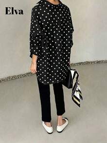 ELVA 女款春夏黑白波點印花領口長袖捲袖寬鬆側開衩下擺襯衫，修身顯瘦度假風 - 黑色 - 查看 2