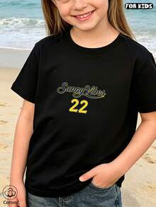 Kids Sunny Vibes 22 Printed Cotton Short Sleeve T-Shirt, Breathable Round Neck Casual Summer Top For Boys & Girls - Black - View 3