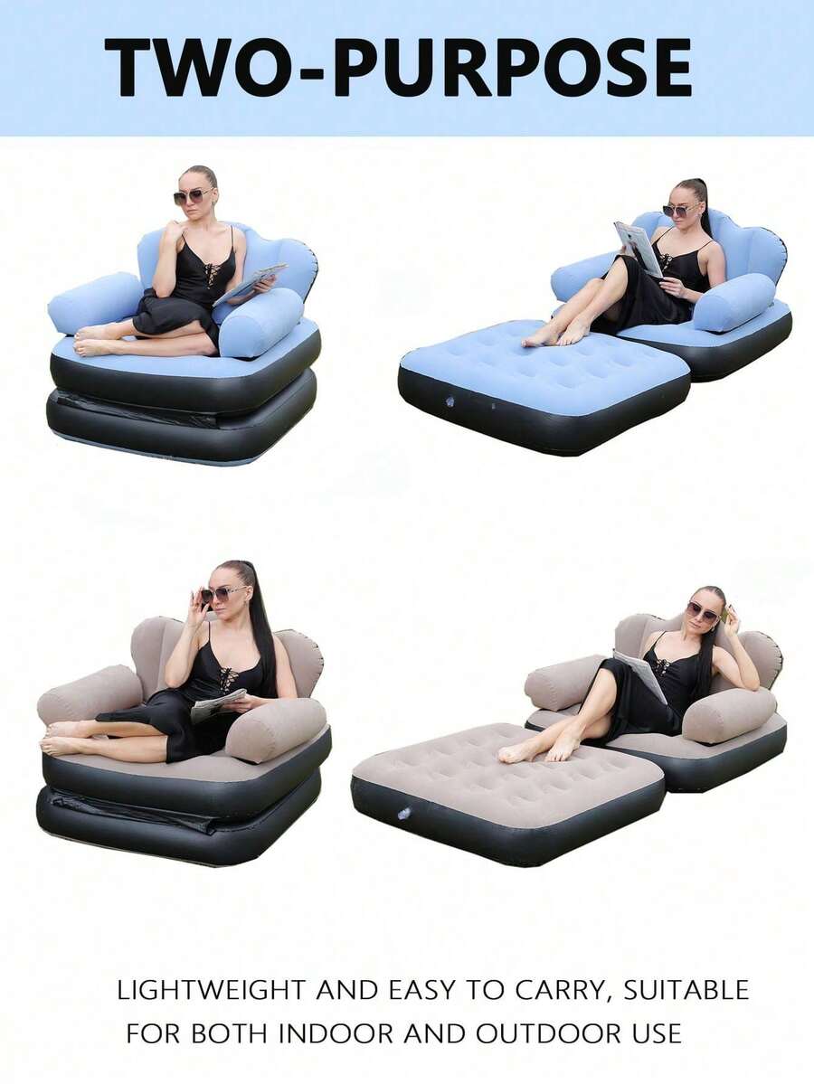Foldable Portable Inflatable Sofa Double Bed, Slouchy Flocked Large Air Mattress, Suitable For Indoor Living Room, Outdoor Balcony, Backyard, Camping, Picnic And RV Use - Multicolor - View 1