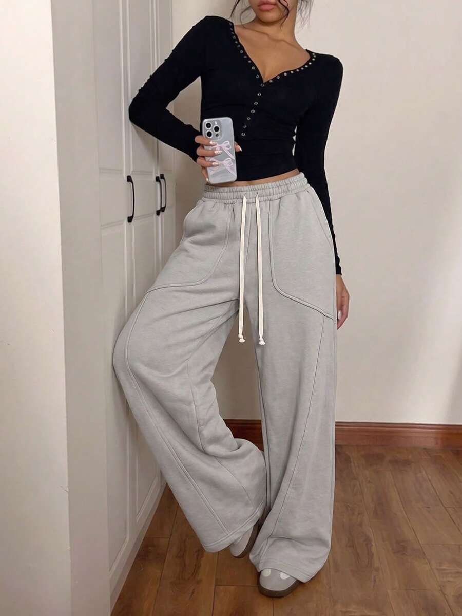 Women's Casual Loose Sports Long Pants, Versatile Athletic Trousers, Spring/Autumn - Light Grey - View 1