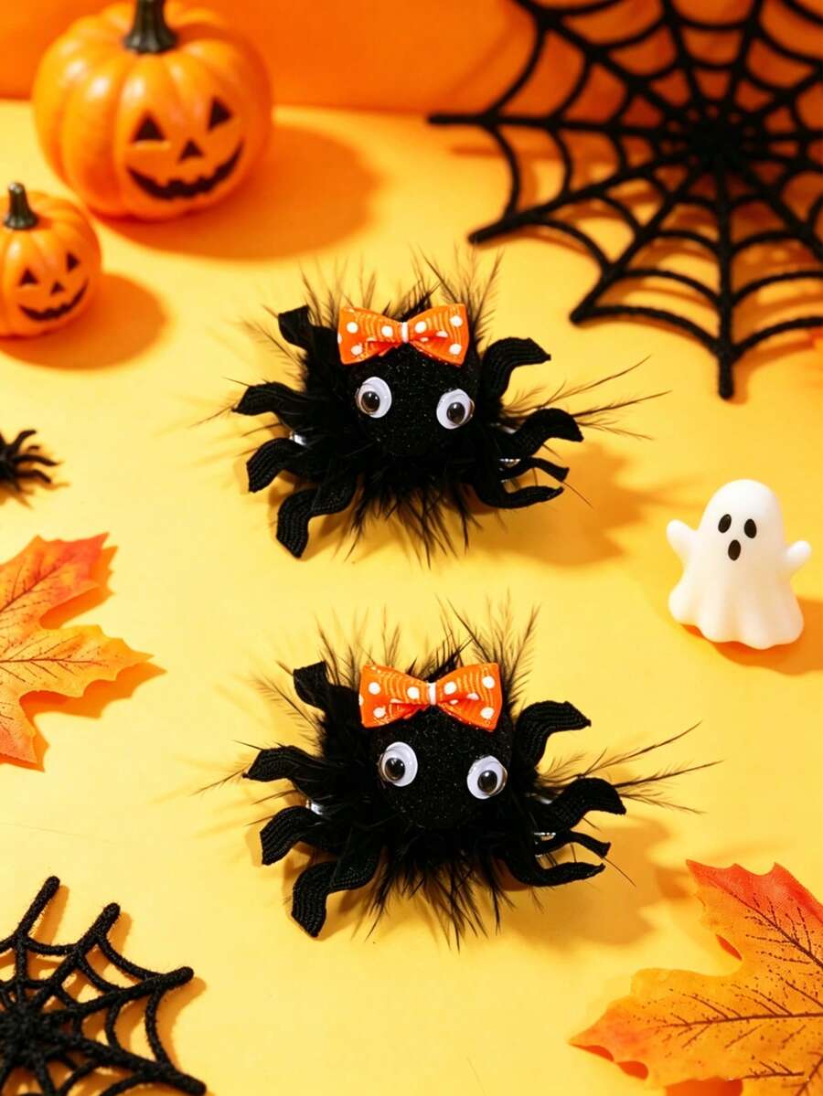 2pcs Black & Orange Polyester Spider Hair Clips For Day Of The Dead ...