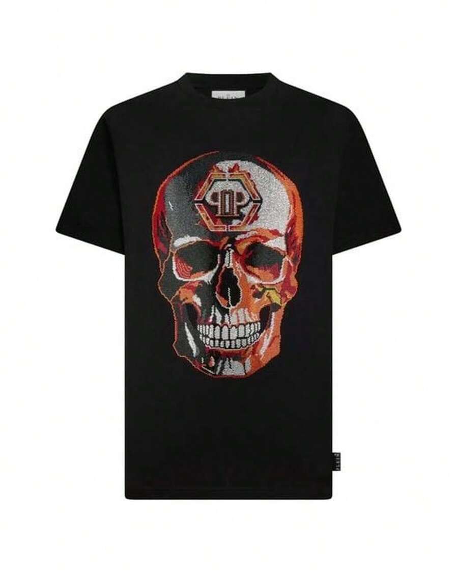 Dark-Punk-T-Shirt mit Totenkopf- und Buchstabendruck, Vintage-Grafikdesign, locker geschnittenes Rundhals-Oberteil, Sommer-Baumwoll-T-Shirt,  Herren-T-Shirt - Schwarz - Übersicht 1
