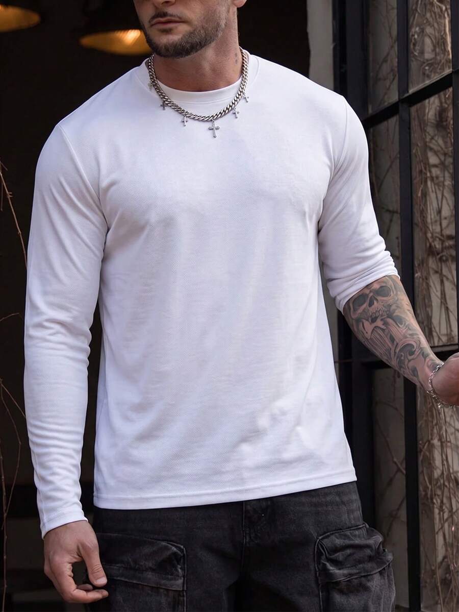 Men's Solid Color Crew Neck Long Sleeve Casual Tee Basic Daily Versatile White Top Simple Minimalist Fashion Apparel - White - View 1