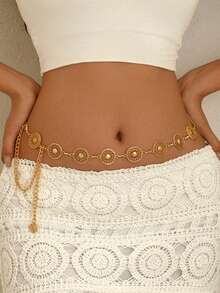 1pc Bohemian Premium Versatile Metal Distressed Chain Hollow Round Disc Waist Chain Pants Chain Clothing Accessory Suitable For Women To Wear On Any Occasion - Gold - View 2