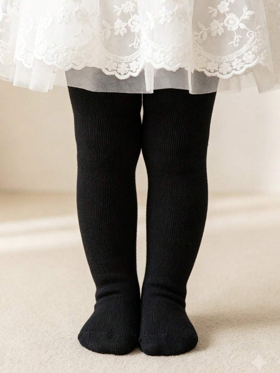 1雙嬰兒幼兒純色兒童褲襪,百搭簡約風格女嬰褲襪 - 黑色 - 查看 1