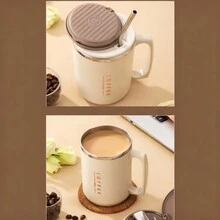 1件 480ml 304不鏽鋼咖啡杯附蓋子、吸管與湯匙，雙層保溫咖啡杯，防漏飲料茶牛奶水杯，防燙飲水杯，適合成人與學生在家中、學校、辦公室、野餐、旅行使用 - 咖啡棕 - 查看 11