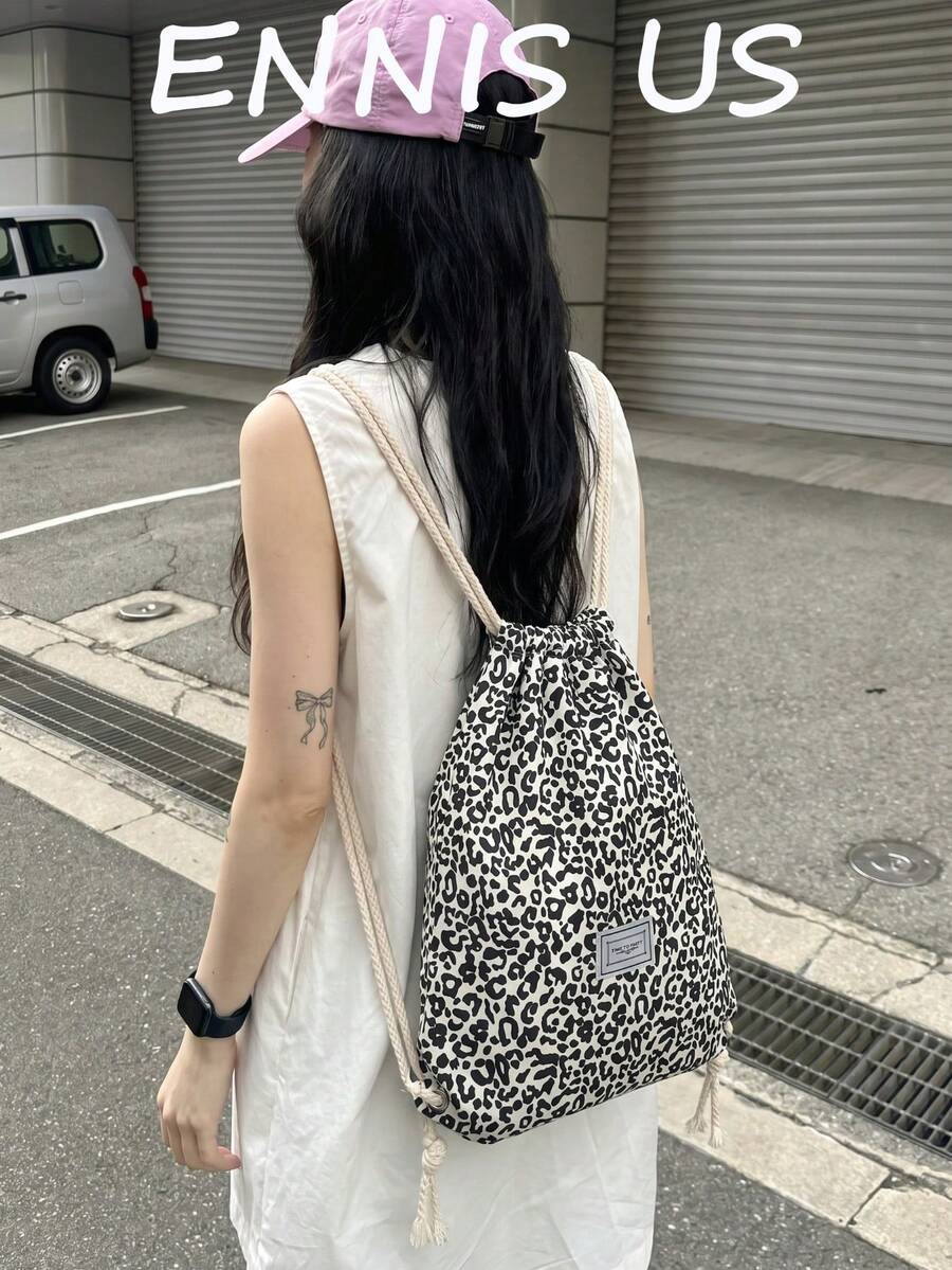 豹紋 Y2K 抽繩背包,輕便休閒抽繩包,適合日常通勤、運動、海灘與旅行,返校季,女款時尚背包,可愛背包 - 彩色 - 查看 1