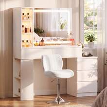 Devoko Vanity Table With LED Mirror, Dressing Table With 5 Drawers, 3 Illuminated Display Cabinets, Open Shelves, Bag Storage, Power Panel, And Selectable Chair Combination, White - 查看 3