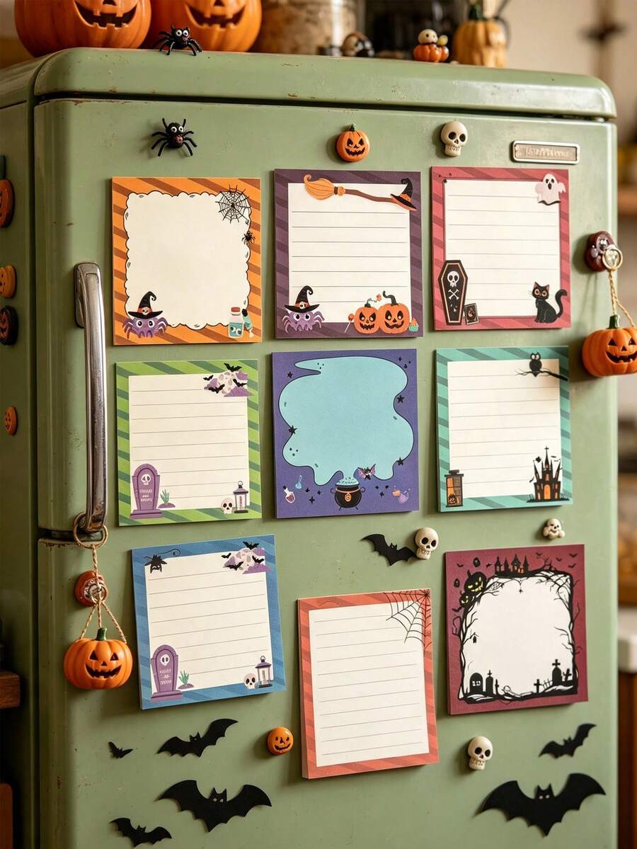 6pcs Halloween Square Sticky Notes, Stationery Stickers, DIY Journaling Supplies, Portable Marking Sticky Notes, Suitable For Back To School, Home, Office, Notebook, School Supplies, Essential Back To School Item - Multicolor - View 1