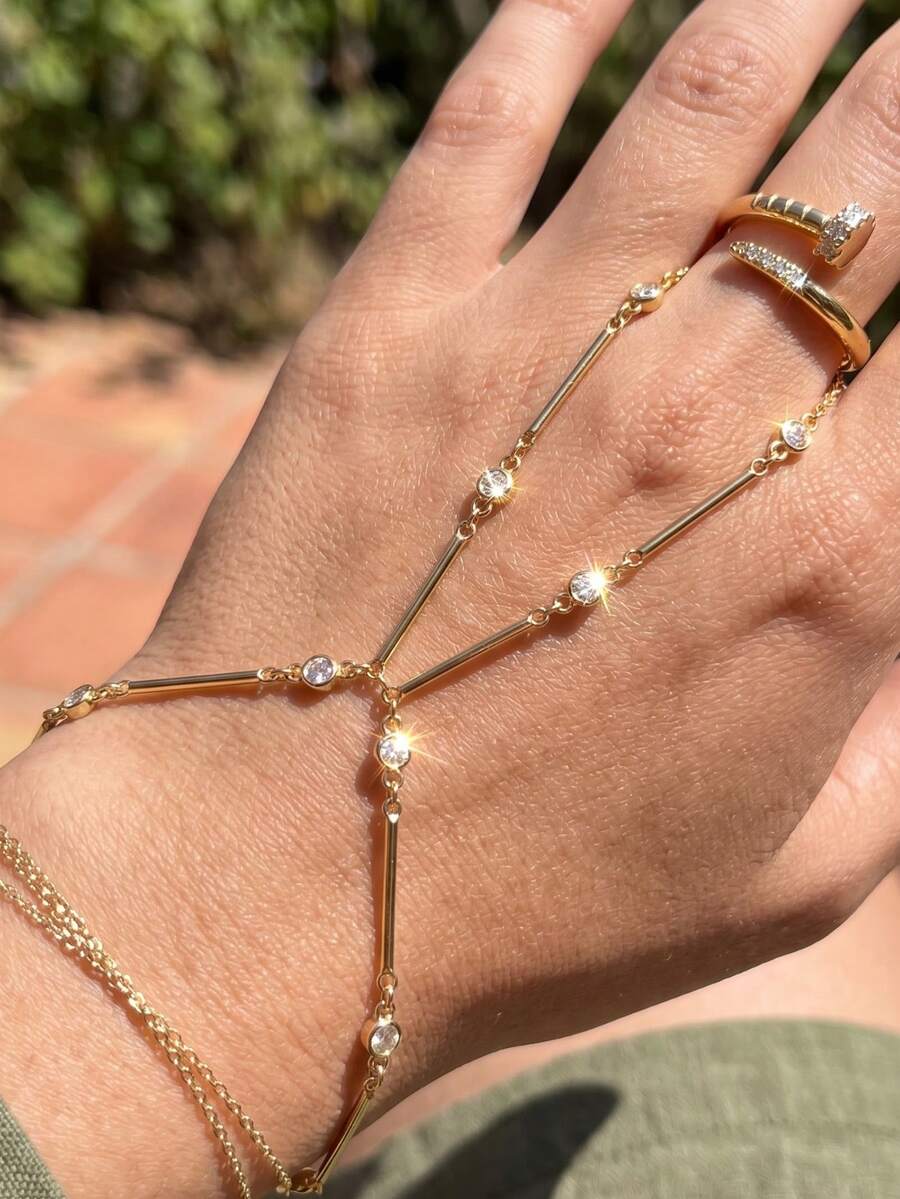 rundraw 2pcs Women's Bracelet & Ring Set, Gold-Tone Copper With CZ Inlay, Asymmetrical Design, Elegant Bracelet & Ring, Suitable For Wedding, Party, Date - Multicolor - View 1