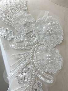 2pcs/Set White Pair Beaded Floral Lace Shoulder Applique, Sheer Tulle Flower Feather Patch, Sew On Decorative Motif For Wedding Dress Bridal Outfit - White - View 5