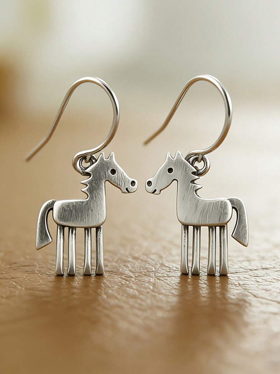 1 Pair Elegant Minimalist Cute Style Animal Pony Pendant Earrings, Fashion Creative Jewelry Ear Accessories, Suitable For Women's Daily Wear And Party, Ideal Holiday Gift - Silver - View 1