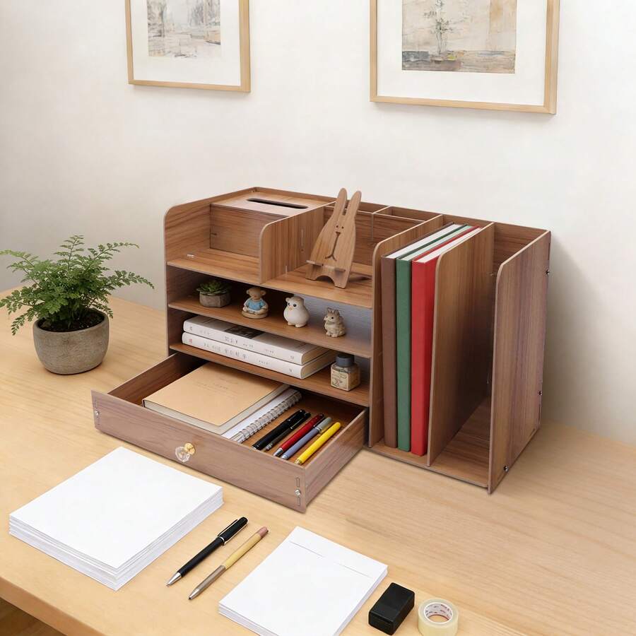 Schreibtisch Organizer | Briefablage | Dokumentenhalter | Holz Schreibtisch Organizer mit Schubladen | Multifunktionaler A4 Organizer | Schubladenbox | Kirsche | büro Organizer | ablagefächer - Kirschholzfarbe - Übersicht 1