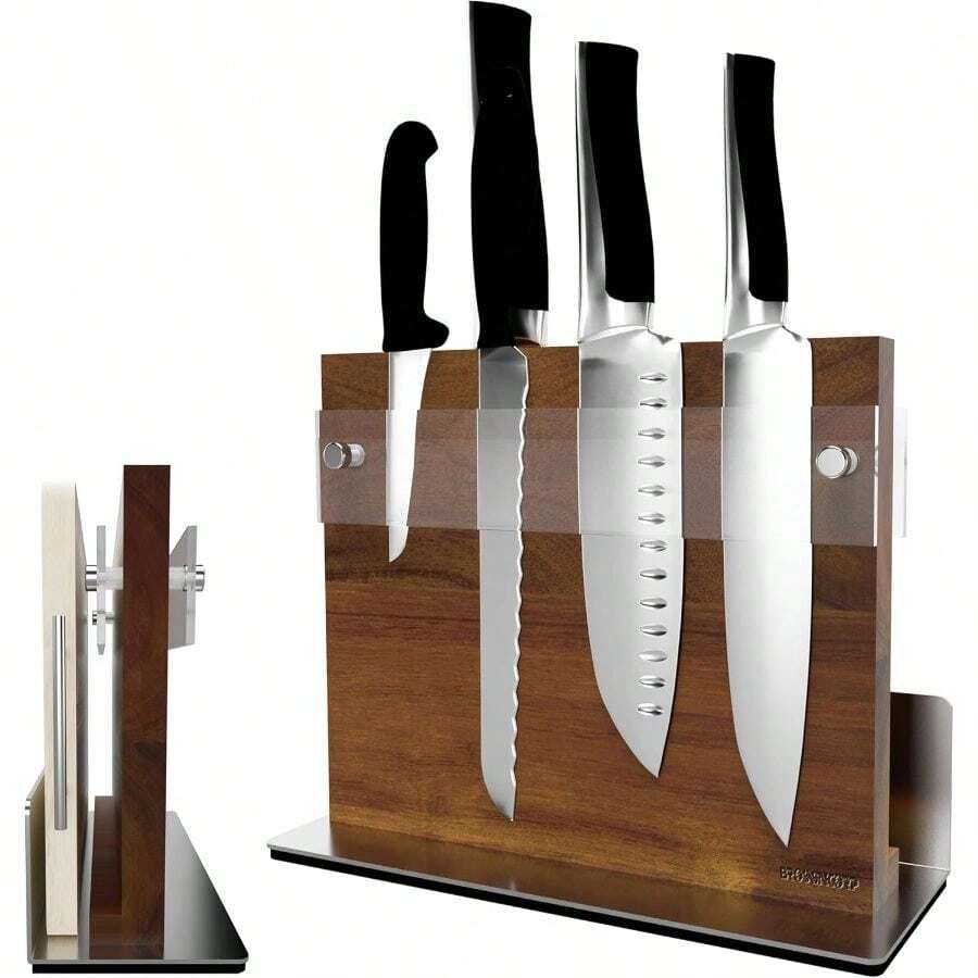 Acacia Magnetic Block With Double-Sided Acrylic Shield Holds 10-12 Knives Space Saving, Non Slip Heavy Duty Base, Strong Magnetic Fall Storage Cutting Board - Double-sided Magnetic Knife Block - View 1