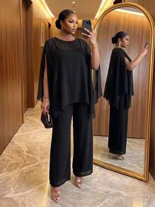 SHEIN Lady CURVE Blus Cape Transparan Warna Polos Elegan Ukuran Plus untuk Pesta, Atasan Hitam Ukuran Plus, Atasan Transparan Ukuran Plus untuk Musim Semi untuk Wanita - Hitam - View 1