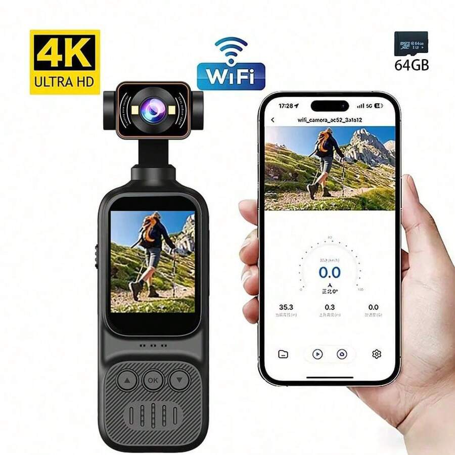 4K HD WiFi 行動攝影機，手持錄影攝影機，270°旋轉鏡頭，2英吋螢幕，64GB SD卡，循環錄影功能，7小時電池續航，內建麥克風，適合戶外運動