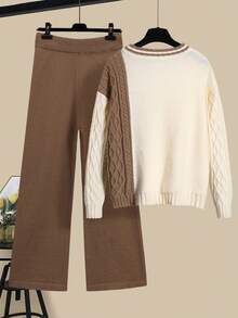 Setelan 2 Potong Sweater Rajut Leher Bulat Warna-warni untuk Wanita Ukuran Plus + Celana Panjang, Pakaian Kasual Elegan Lengan Panjang, Cocok untuk Musim Gugur - Khaki - View 7