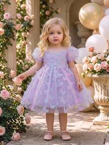 Baby Girls Colorful 3D Butterfly Tutu Dress, Cute Flower Girl Party Dress, Random Fabric Pattern, Headband Not Included - Purple - View 3