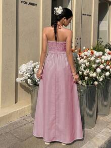 Elegant Sexy Women's Striped Halter Deep V-Neck Sleeveless Cinched Waist Ruched Back A-Line Maxi Dress, Spring/Summer Beach Vacation Party Long Dress - Burgundy - View 7